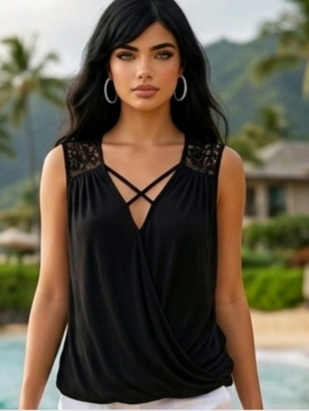 Free Kisses Sleeveless Black Lace-Trim V-Neck Top Size Medium - Picture 9 of 9